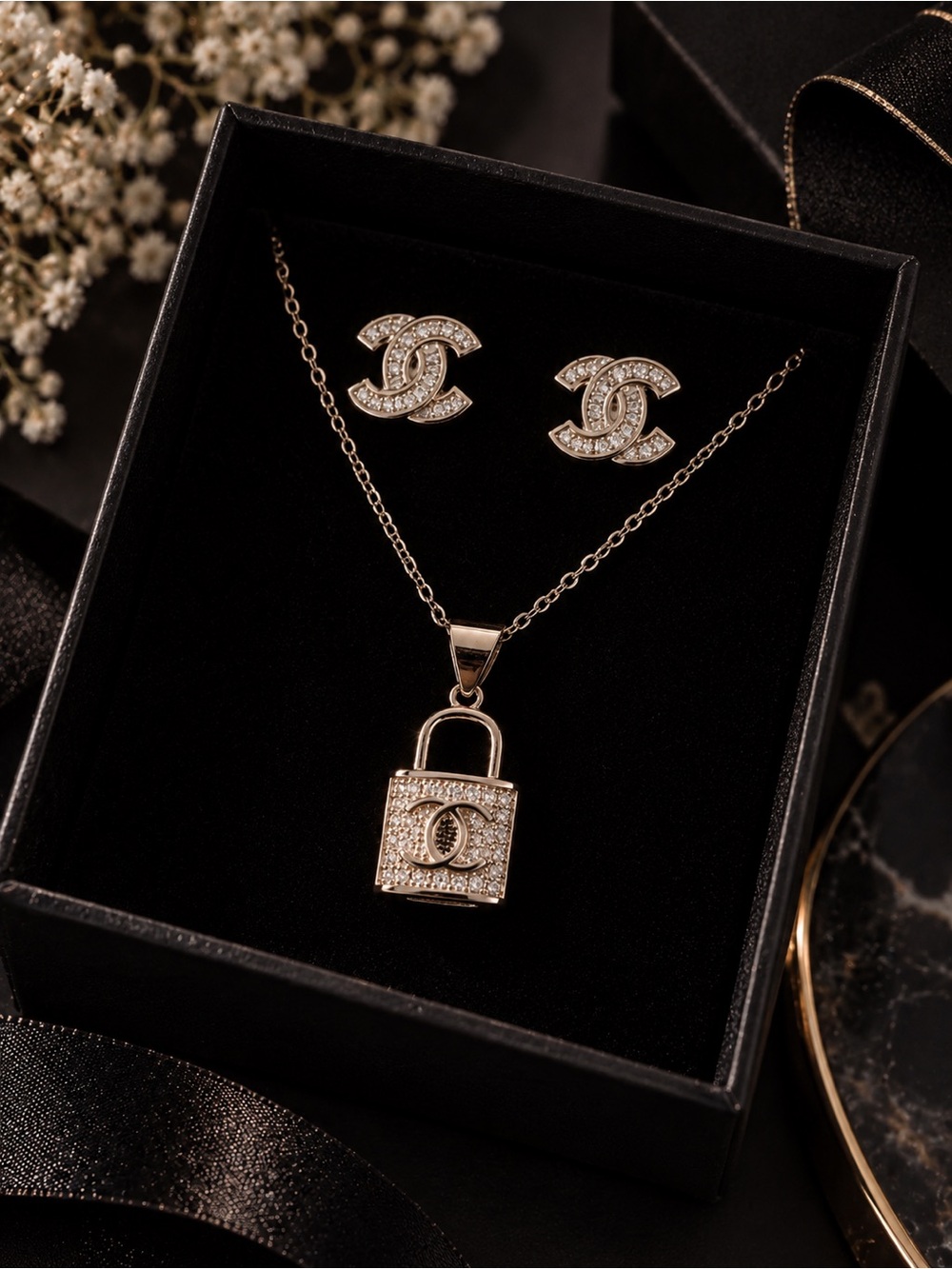 Gold-Tone Padlock Pendant Necklace and Logo Stud Earrings - Gold
